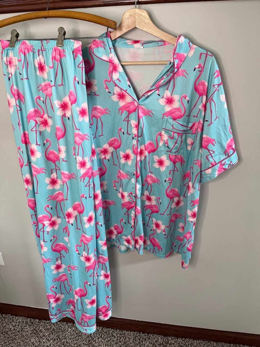 Flamingo Print Pajama Set Blue Pink Floral Button Down 2PC Sleepwear 4XL